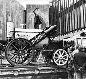 The replica of the 1829 original George Stephenson's Rocket arrived by trailer at The replica of the 1829 original George Stephenson's Rocket arrived by trailer at