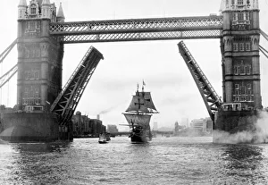 A replica of Francis Drake's ship The Golden Hinde sails down the River Thames A replica of Francis Drake's ship The Golden Hinde sails down the River Thames