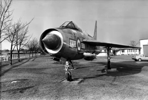 A retired RAF English Electric Lightning jet fighter aircraft on display outside RAF A retired RAF English Electric Lightning jet fighter aircraft on display outside RAF