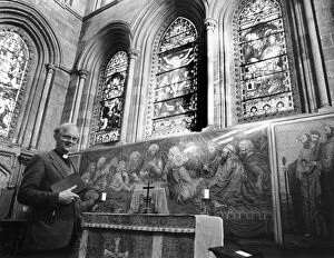Images Dated 25th January 1989: The Rev Gready at the altar rail which shows the mosaic by artist John Dobbin