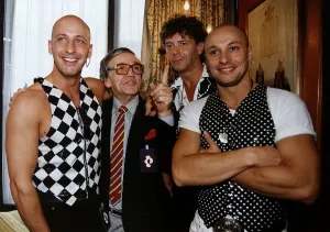 Right Said Fred pop group with members Fred and Richard Fairbrass with Alan Freeman a Right Said Fred pop group with members Fred and Richard Fairbrass with Alan Freeman a