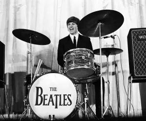 Ringo Starr and the Beatles famous Bass drum seen here performing on stage November 1964 Ringo Starr and the Beatles famous Bass drum seen here performing on stage November 1964