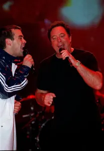 Robbie Williams and Tom Jones February 1998 Rehearsing their act on stage for Robbie Williams and Tom Jones February 1998 Rehearsing their act on stage for