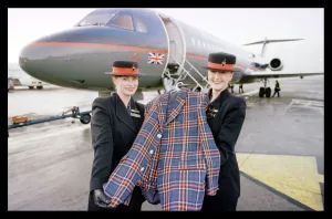 Rod Stewart tartan jacket December 1998 held by British Midland air stewardesses Rod Stewart tartan jacket December 1998 held by British Midland air stewardesses