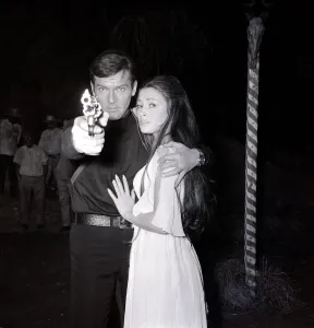 Roger Moore and Jane Seymour on the set of Live and let Die at Pinewood film studios 1973 Roger Moore and Jane Seymour on the set of Live and let Die at Pinewood film studios 1973