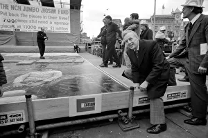 Ross McWhirter at the NCH giant jig saw campaign in Trafalgar Square March 1975 Ross McWhirter at the NCH giant jig saw campaign in Trafalgar Square March 1975