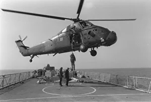 Royal Navy Westland Wessex October 1985, transfering personnel from ship to ship in Royal Navy Westland Wessex October 1985, transfering personnel from ship to ship in