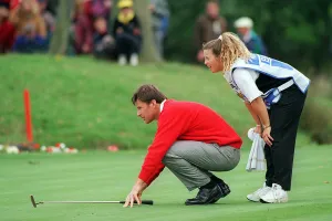 Ryder Cup Europe v USA The Belfry September 1993 Nick Faldo golfer crouching Ryder Cup Europe v USA The Belfry September 1993 Nick Faldo golfer crouching