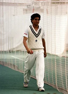 Sachin Tendulkar cricket player stands in whites in practice nets Circa July 1992 Sachin Tendulkar cricket player stands in whites in practice nets Circa July 1992