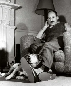Sally the Mongrel dog lies at the feet of her owner Albert Asch. Mr Sally the Mongrel dog lies at the feet of her owner Albert Asch. Mr