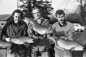 Sam Holland (centre) and trout famers holding trout. 13th February 1976 Sam Holland (centre) and trout famers holding trout. 13th February 1976