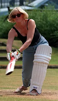 Sarah Lancashire actress playing a game of cricket during break from playing Raquel in Sarah Lancashire actress playing a game of cricket during break from playing Raquel in