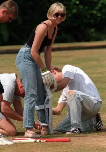 Sarah Lancashire playing a game of cricket during break from playing Raquel in Coronation Sarah Lancashire playing a game of cricket during break from playing Raquel in Coronation