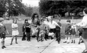 Schoolchildren skipping in the playground. 10th October 1971 Schoolchildren skipping in the playground. 10th October 1971