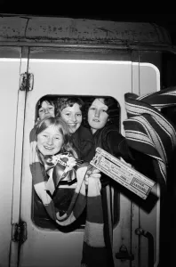 Schoolgirls from Hodge Hill Grammar School aboard the gymslip special' Schoolgirls from Hodge Hill Grammar School aboard the gymslip special'