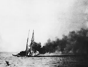 Images Dated 20th July 2012: A schooner set on fire by the crew of a German U-Boat. Circa September 1918