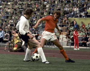 Schwarzenbeck West Germany tackles Hollands Willy Van De Kerkhof in the 1974 World Cup Schwarzenbeck West Germany tackles Hollands Willy Van De Kerkhof in the 1974 World Cup