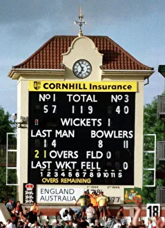 Scoreboard at Edgbaston surrounded by fans showing England beating Australia by nine Scoreboard at Edgbaston surrounded by fans showing England beating Australia by nine