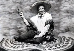 Scotland football manager Ally MacLeodwearing sombrero and ponchositting on a magic Scotland football manager Ally MacLeodwearing sombrero and ponchositting on a magic