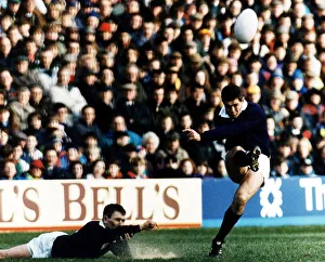 Scotland rugby skipper Gavin Hastings kicking ball in air which was held in place by Scotland rugby skipper Gavin Hastings kicking ball in air which was held in place by