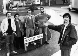 Scriptwriter Phil Redmond with cast members for his new Channel Four soap opera Brookside Scriptwriter Phil Redmond with cast members for his new Channel Four soap opera Brookside