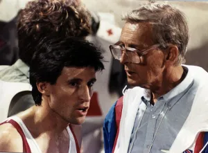 Sebastian Coe talks to his coach. 15th September 1989 Sebastian Coe talks to his coach. 15th September 1989