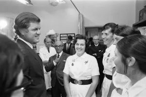 Senator Edward Kennedy seen here speaking to Sister Maureen Rouse (centre Senator Edward Kennedy seen here speaking to Sister Maureen Rouse (centre