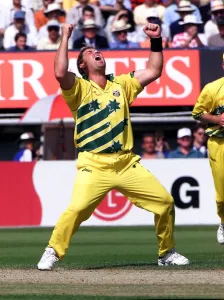 Shane Warne of Australia celebrates after taking a wicket against South Africa in Shane Warne of Australia celebrates after taking a wicket against South Africa in