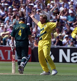 Shane Warne of Australia celebrates after taking the wicket Hansie Cronjie against South Shane Warne of Australia celebrates after taking the wicket Hansie Cronjie against South