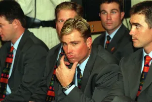 Shane Warne Australian cricketer centre and his team mates at a press conference this Shane Warne Australian cricketer centre and his team mates at a press conference this