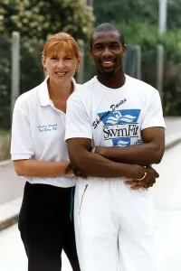 Sharron Davies Championship Swimmerand TV Presenter with boyfriend Derek Redmond 1993 Sharron Davies Championship Swimmerand TV Presenter with boyfriend Derek Redmond 1993