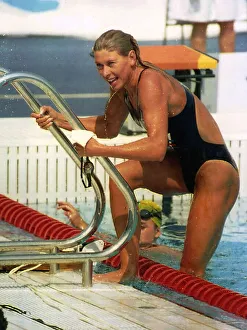 Sharron Davies TV Presenter/Swimmer leaves the pool after finishing 7th in the woman' Sharron Davies TV Presenter/Swimmer leaves the pool after finishing 7th in the woman'