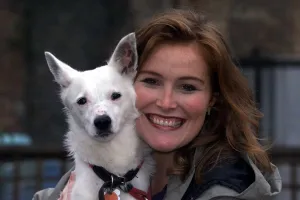 Shauna Lowry TV Presenter October 1999 with her pet dog Doc at Battersea Dogs Home Shauna Lowry TV Presenter October 1999 with her pet dog Doc at Battersea Dogs Home