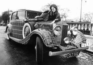 Sheena Hardy model with tartan painted Rolls Royce 1971 Sheena Hardy model with tartan painted Rolls Royce 1971