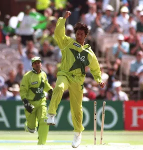 Shoaib Akhtar celebrates Nathan Astle's wicket June 1999 during the semi finals Shoaib Akhtar celebrates Nathan Astle's wicket June 1999 during the semi finals