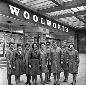 Shop assistants pose outside the New Woolworth store, East Kilbride, 30th January 1970 Shop assistants pose outside the New Woolworth store, East Kilbride, 30th January 1970