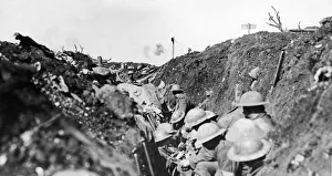Shrapnel bursting over Canadian troops sheltering in a reserve trench during the The Shrapnel bursting over Canadian troops sheltering in a reserve trench during the The