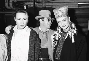 Singer Boy George with with friend Marilyn and Elton John during the Culture Club Singer Boy George with with friend Marilyn and Elton John during the Culture Club