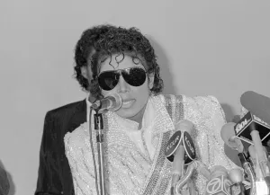 Singer Michael Jackson speaks at a press conference before performing in concert in Singer Michael Jackson speaks at a press conference before performing in concert in