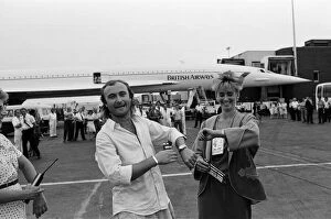 Heathrow Airport Collection: Singer Phil Collins & wife Jill Travelman at London Heathrow Airport