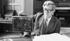 Sir Geoffrey Howe holding up budget box in his office at the Treasury - June 1979 Sir Geoffrey Howe holding up budget box in his office at the Treasury - June 1979