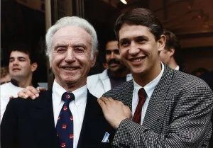 Sir Stanley Matthews capped by England 54 times with Gary Lineker at a sportswear Sir Stanley Matthews capped by England 54 times with Gary Lineker at a sportswear