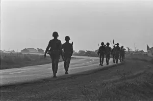 Soldiers of the South Vietnamese army advance on Viet Cong positions in Trang Bang just Soldiers of the South Vietnamese army advance on Viet Cong positions in Trang Bang just