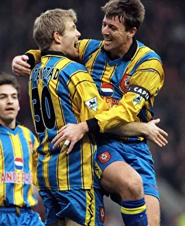 Southampton footballer Egil Ostenstad celebrates with team mate Matthew Le Tissier after Southampton footballer Egil Ostenstad celebrates with team mate Matthew Le Tissier after