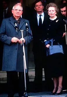 Soviet leader Mikhail Gorbachev at Brize Norton speaking into a microphone as he stands Soviet leader Mikhail Gorbachev at Brize Norton speaking into a microphone as he stands