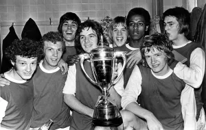 Sport - Football - Arsenal - 1971 - A jubilant Arsenal team celebrate after being Sport - Football - Arsenal - 1971 - A jubilant Arsenal team celebrate after being