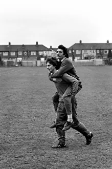 Sport: Football: West Ham Training. Bill Landsowne carries Alan Devonshire piggy back Sport: Football: West Ham Training. Bill Landsowne carries Alan Devonshire piggy back