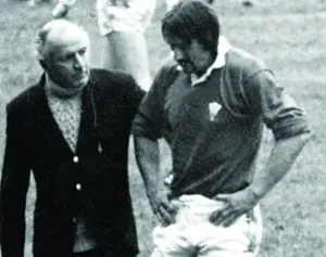 Sport - Rugby - England v Wales - 1980 - Paul Ringer is escorted from the field following Sport - Rugby - England v Wales - 1980 - Paul Ringer is escorted from the field following