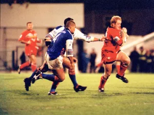 Sport - Rugby League - Wales v Western Samoa - Martin Hall makes a break for Wales at Sport - Rugby League - Wales v Western Samoa - Martin Hall makes a break for Wales at