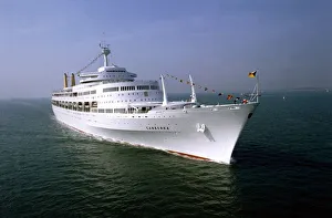 SS Canberra leaves on her first voyage after Falklands Service. August 1982 SS Canberra leaves on her first voyage after Falklands Service. August 1982